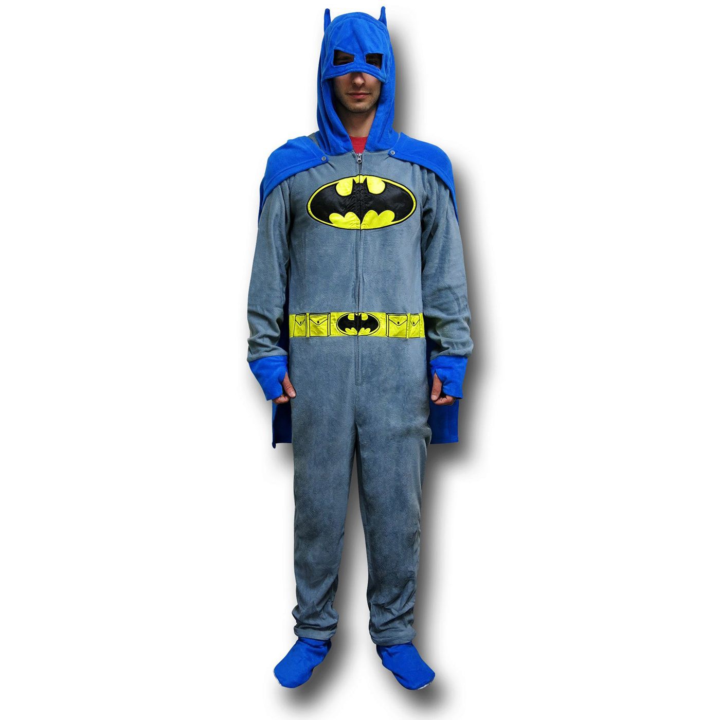 batman-pyjama-704uzr-1.jpg Batman Grey Union Suit Pajamas w/Cape and Cowl SuperHeroStuff - Afbeelding 1