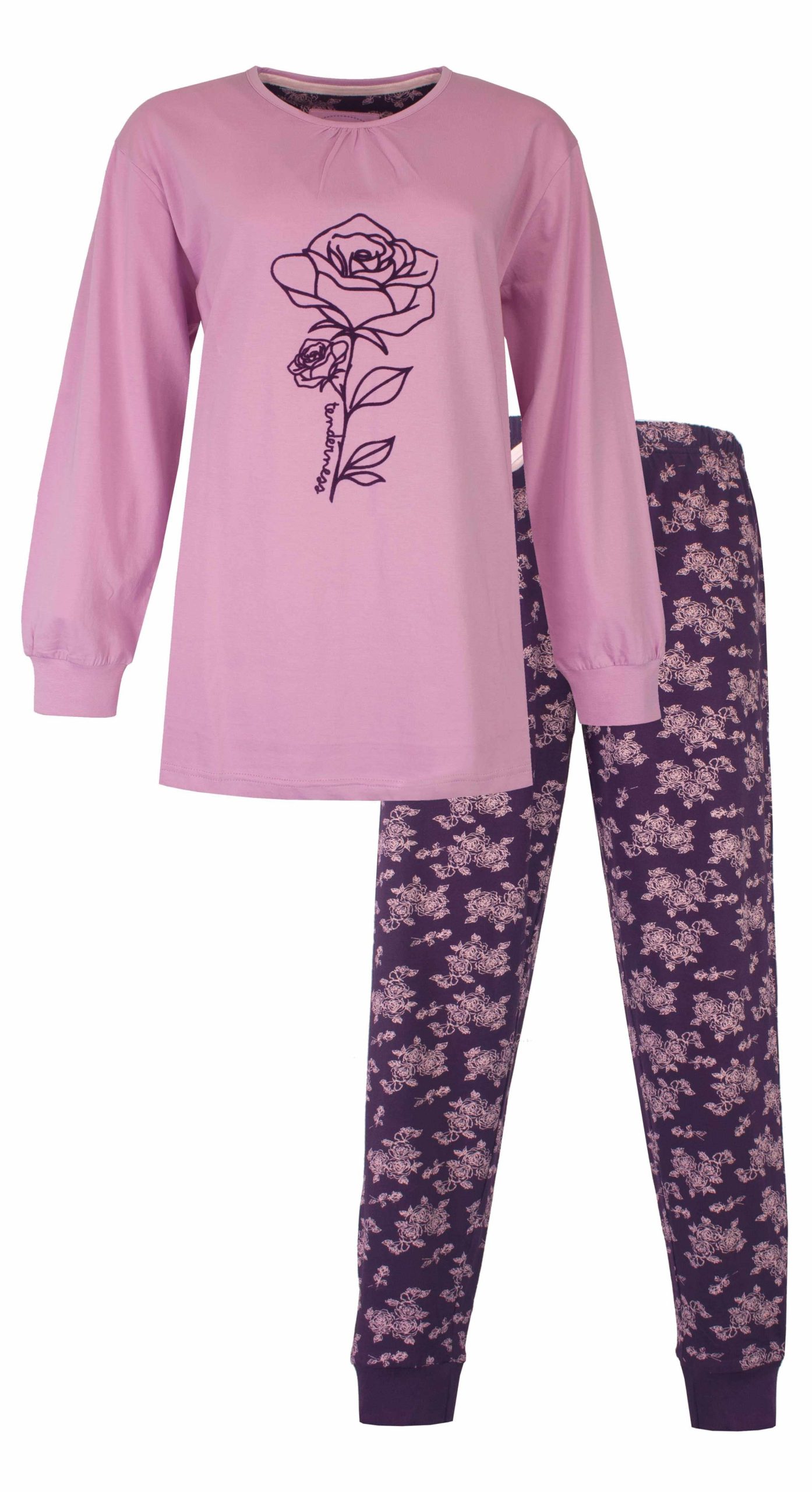 ca-pyjama-334viz-1.jpg Tenderness Dames Pyjama Roos Print Lange Mouwen Lila Maat S - Afbeelding 1