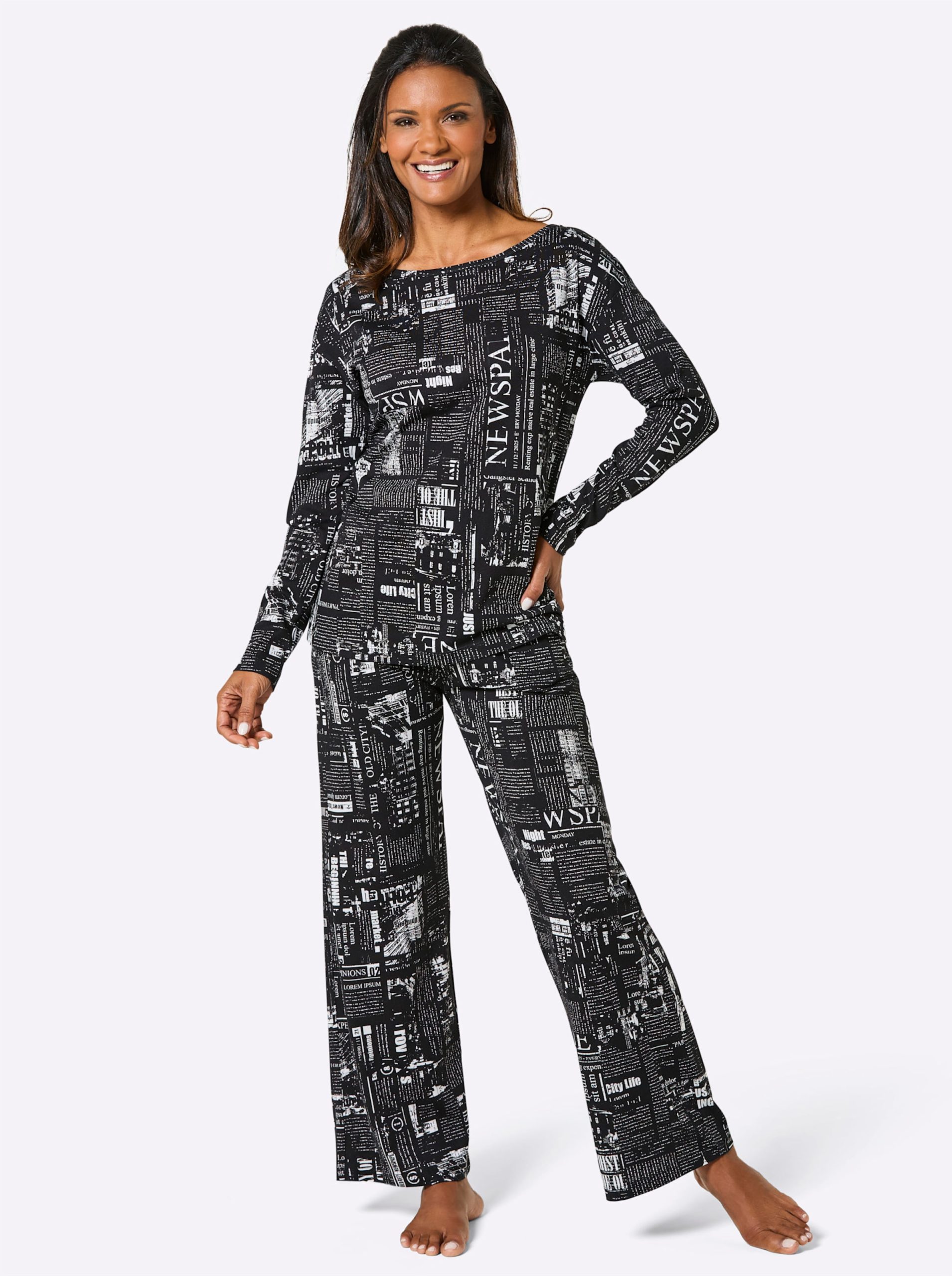ca-pyjama-723ift-1.jpg wäschepur Pyjama in zwart/wit geprint | Witt - Afbeelding 1