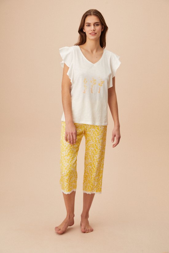 capri-pyjama-dames-945eyx-1.jpg Suwen Dames Capri Pyjama Set Geel/Wit Maat S | bol - Afbeelding 1