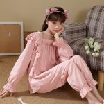 Pyjama'S Voor Dames,Dames Pyjama Sets Roze Effen Kleur Katoen Vierkante Kraag Schouder Ruches Losse Zoete Gezellige Warme Pjs Met Lange Mouwen Top & Bodems Set Lounge Wear Nachtkleding Zachte Luiaa : Amazon.nl: