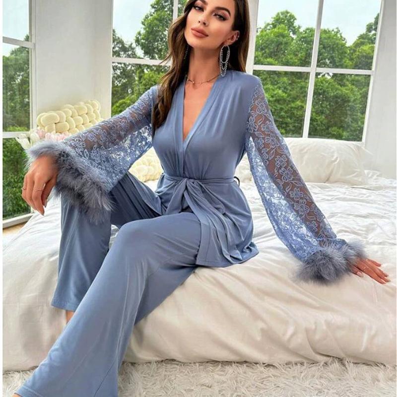 dames-nachtmode-726bia-1.jpg Dames Pyjama Sets Kant Mouwen Sexy V hals Casual Comfortabele Nachtkleding Elegante Dames Tweedelige Sets Elastische Taille kopen vanaf een prijs van 15 | Joom - Afbeelding 1