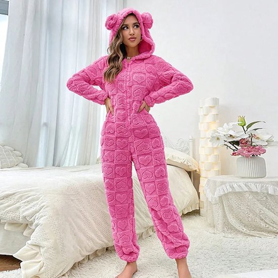 gekke-pyjama-dames-945lgv-1.jpg Dames Warme Winter Onesie Maat M – Warme Fleece Pyjama met Capuchon | Dikke Nachtkleding en Loungewear Jacquard Print | Comfortabele Huispak Vrouwen - Afbeelding 1