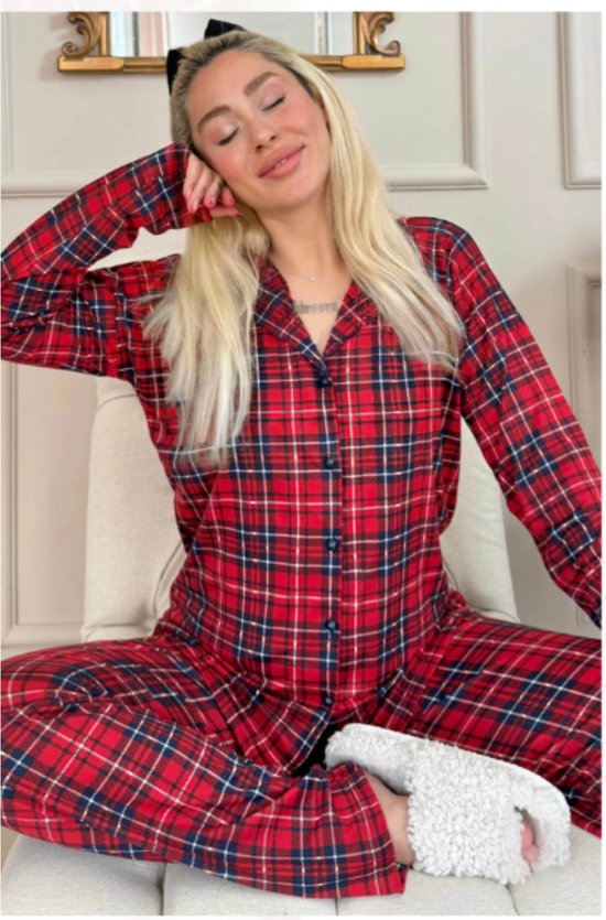geruite-pyjama-441nye-1.jpg Dames Pyjama Set Nachtkleding Met Geruit Patroon Katoen Lange Mouw Lange Broek Rood... | bol - Afbeelding 1