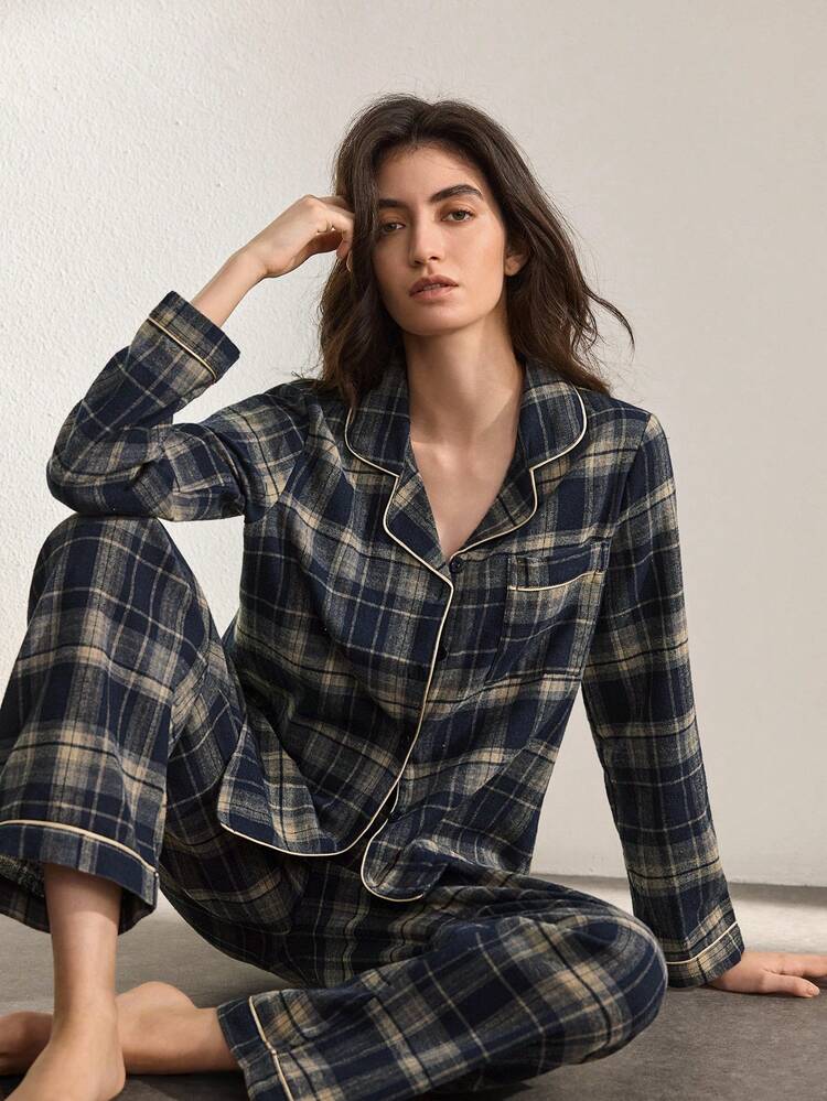 geruite-pyjama-966tpe-1.jpg Ocili Katoenen stof geruit casual reverskraag lange mouw pyjamaset voor vrouwen geruite pyjama dames pyjamaset herfst pyjama voor vrouwen comfortabele pyjamaset geruite pyjama dames pyjamasets comfortabele pyjamasets winter pyjama herfstkleding ... - Afbeelding 1