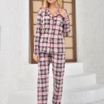 Katoen Dames 2 Delige Pyjama Luxe Pyjamaset Nachtkleding Roze Met Geruit Patroon... | bol