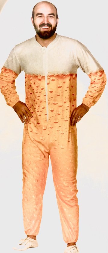grappige-pyjama-heren-266ujt-1.jpg Heren Onesie grappig fout bier bierglas pak Carnaval Oktoberfest outfit Wit / Geel... | bol - Afbeelding 1