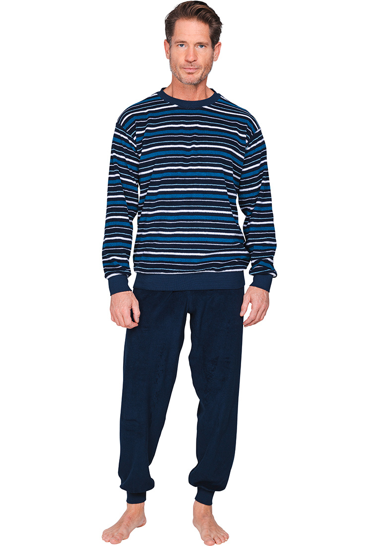 heren-pyjama-badstof-147lkf-1.jpg Katoen badstof heren pyjama ronde hals lange mouw donkerblauw | Pyjama direct Pyjama direct - Afbeelding 1