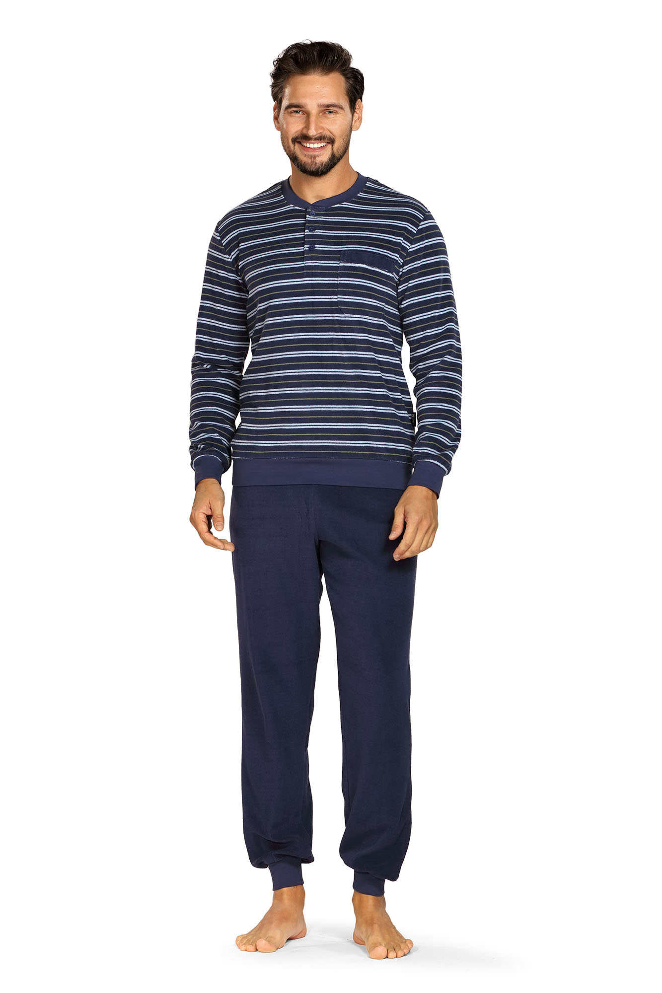 heren-pyjama-badstof-225qhf-1.jpg Comte badstof heren pyjama donkerblauw gestreept - Afbeelding 1