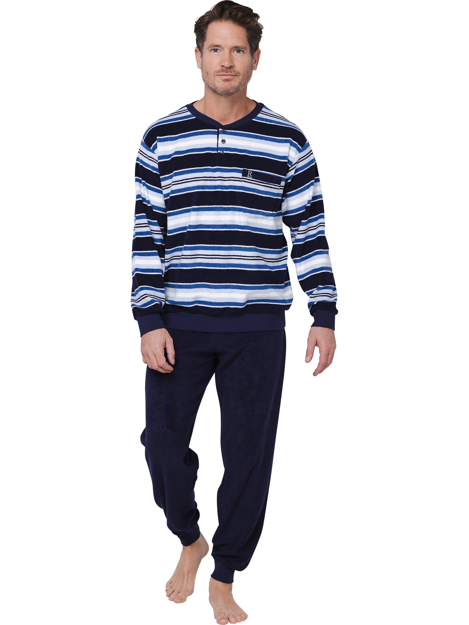 heren-pyjama-badstof-281lcf-1.jpg Robson badstof heren pyjama blauw gestreept - Afbeelding 1