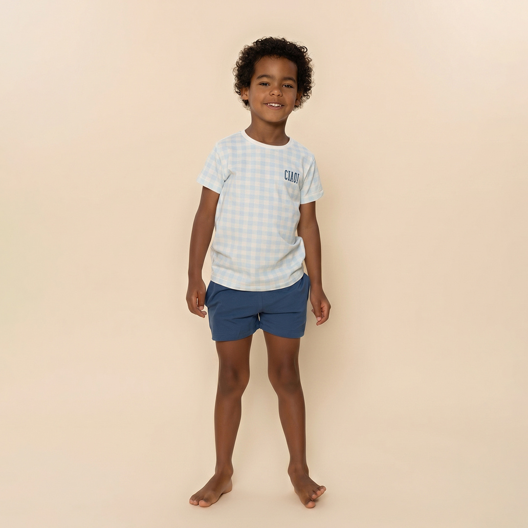 jongens-shortama-623phv-1.jpg Charlie Choe Jongens Pyjama Shortama Lichtblauw Geruit - Afbeelding 1
