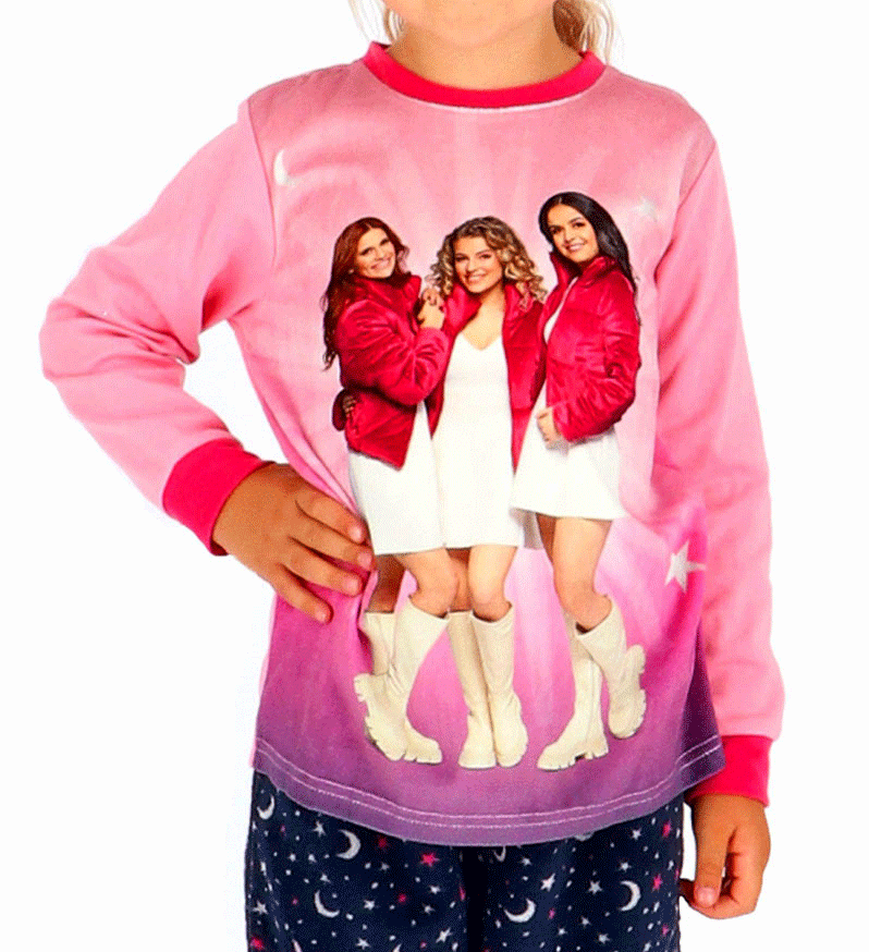 k3-pyjama-893rhl.png Studio 100 K3 Meisjes pyjama jasje kleur roze velours & broek antracietgrijs met print fleecestof - Afbeelding 1