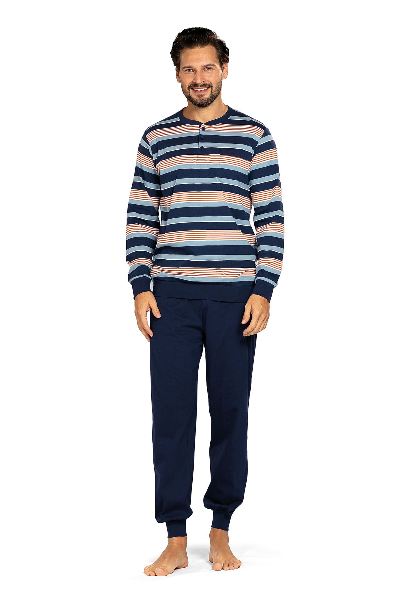 katoenen-heren-pyjama-835skh-1.jpg Comte Heren pyjama katoen blauw gestreept - Afbeelding 1