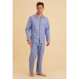 katoenen-pyjama-heren-074tii.webp Bonsoir Of London Katoen Pyjama | Blauw Gestreept | Piet Koopmans - Afbeelding 1
