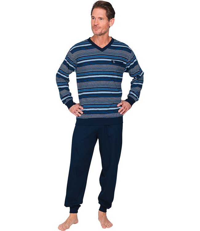 katoenen-pyjama-heren-236ldt-1.jpg Katoenen heren pyjama V hals lange mouwen donkerblauw Blue Stripes | Pyjama direct Pyjama direct - Afbeelding 1