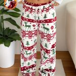 Dames Kerst Pyjamabroek met Wijde * Comfortabele Vrijetijdsbroek met Feestdagenprint en Trekkoord in de Taille