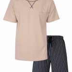 MEQ Heren Shortama Korte Pyjama Set Ronde Hals Beige Maat S
