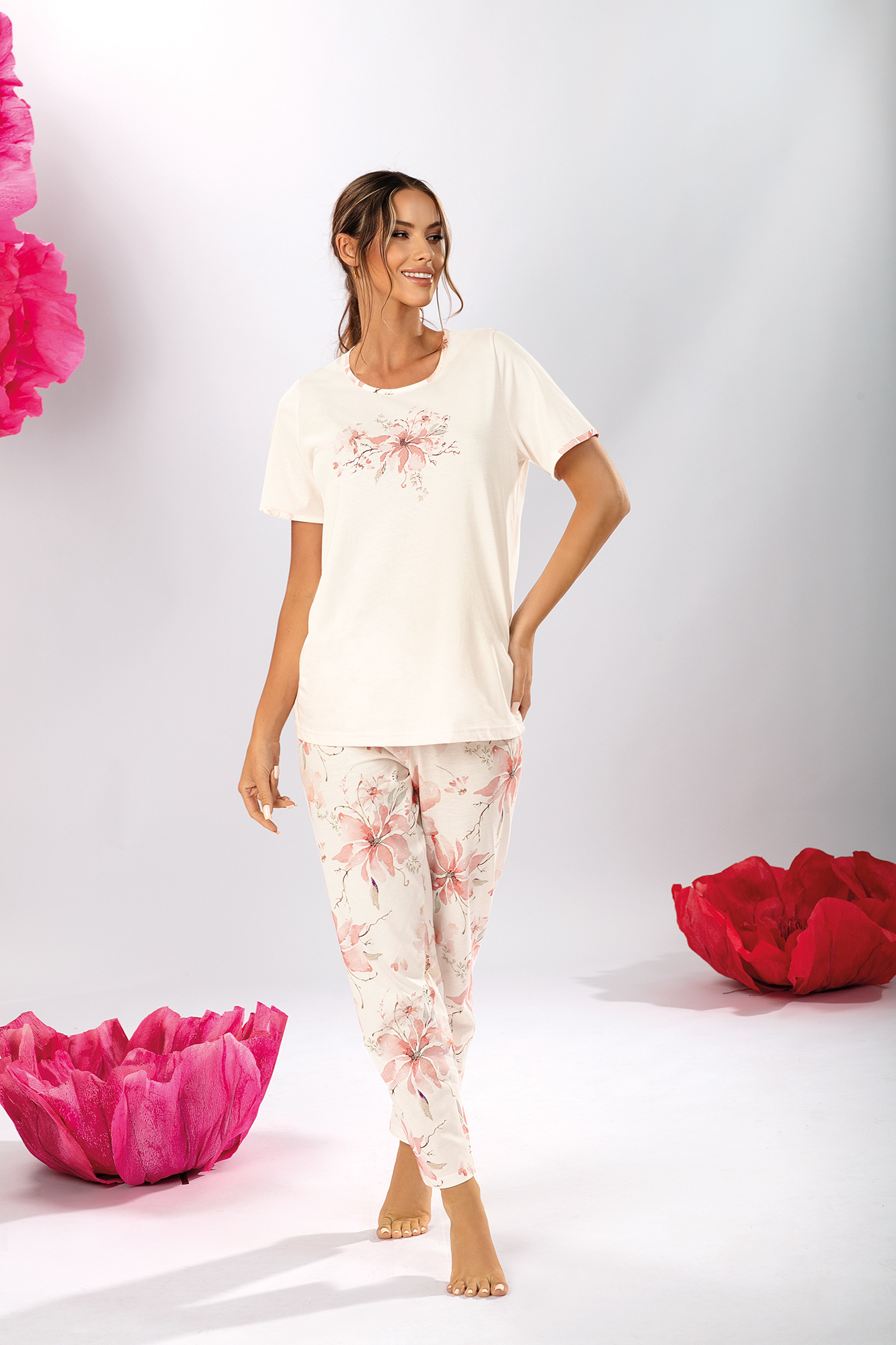 lange-pyjama-dames-263mbt-1.jpg Ascafa Dames Pyjama – Korte Mouw – Lange Broek – 100% Katoen - Afbeelding 1