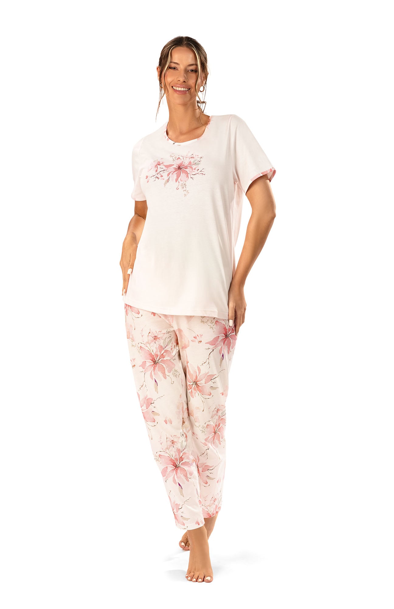 lange-pyjama-dames-723pol-1.jpg Dames Pyjama – Korte Mouw – Lange Broek – 100% Katoen - Afbeelding 1