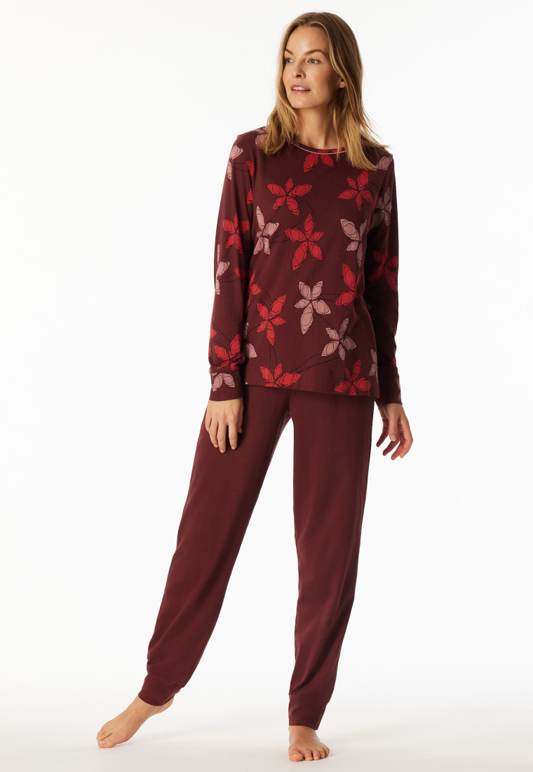 lange-pyjama-dames-877tqd-1.jpg Pyjama lange pyjama bloemen wijnrood Comfort Nightwear - Afbeelding 1
