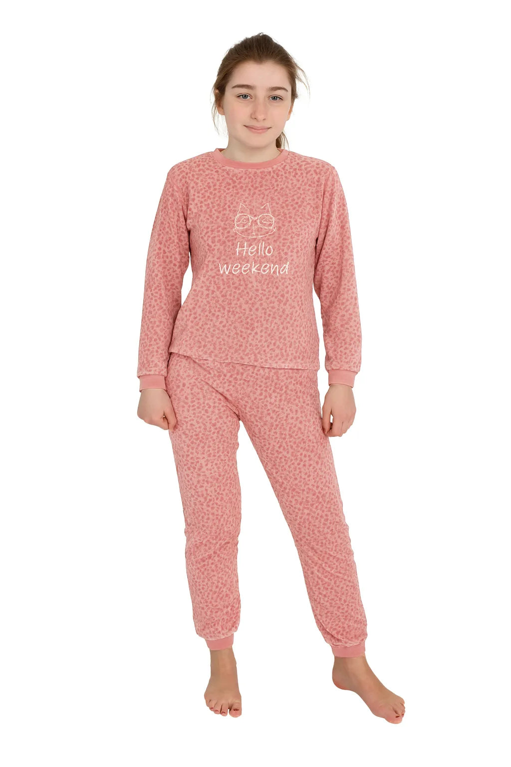 meisjes-pyjama-164-087qim-1.jpg Cocodream velours meisjes pyjama Hello Weekend Roze / 140 - Afbeelding 1