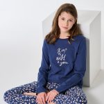 Lange pyjama met manchetten, dierenprint, jeansblauw Teens Nightwear