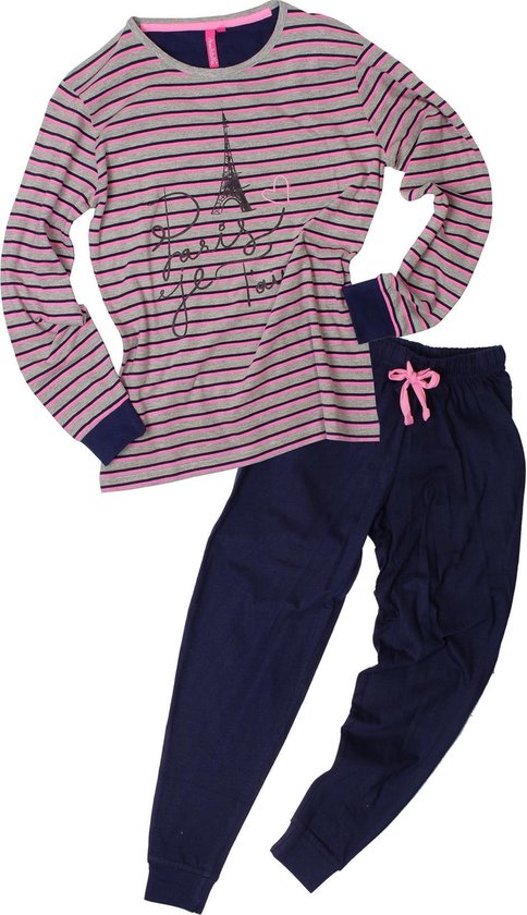 meisjes-pyjama-164-220fab-1.jpg Sportieve meisje pyjama met gestreepte top Blauw ANPYM2603A Maten: 164 | bol - Afbeelding 1