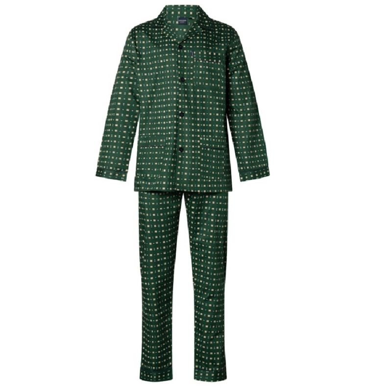 ouderwetse-heren-pyjama-323xnr-1.jpg Gentlemen klassieke heren pyjama 9429 met doorknoop 100% katoen groen - Afbeelding 1