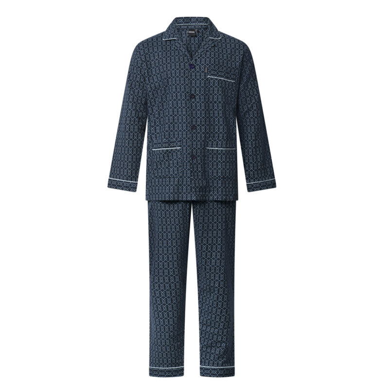 ouderwetse-heren-pyjama-455mwj-1.jpg Gentlemen klassieke heren pyjama 9450 met doorknoop flanel donkerblauw - Afbeelding 1
