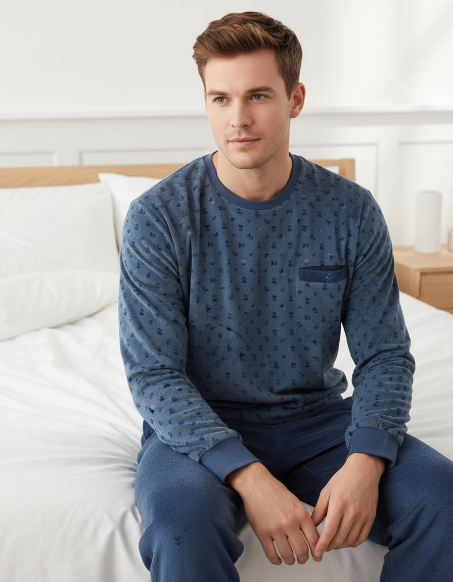 pyjama-badstof-heren-002uvo-1.jpg Paul Hopkins Heren Pyjama Badstof Lange Mouwen Print Blauw Maat S - Afbeelding 1