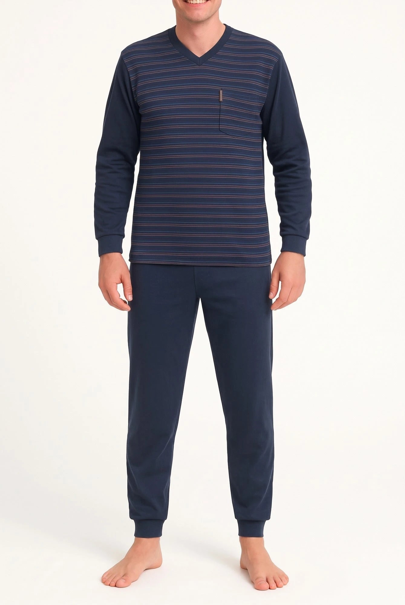 pyjama-badstof-heren-043bks-1.jpg Outfitter Badstof heren pyjama Winter Stripe – Sliponline - Afbeelding 1