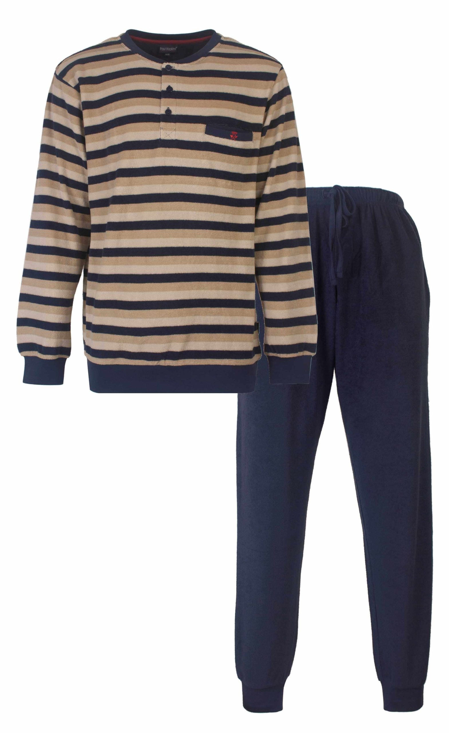 pyjama-badstof-heren-150qnm-1.jpg Paul Hopkins Heren Pyjama Badstof Gestreept Blauw/Beige Maat S - Afbeelding 1