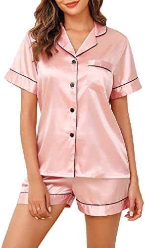 pyjama-dames-korte-mouw-431blk-1.jpg Lovasy Korte damespyjama voor de zomer, satijn, korte mouwen, 2 delig, superzacht, zijden pyjama met knopen, S XXL, Roze, M : Amazon.nl: Kleding, schoenen & sieraden - Afbeelding 1