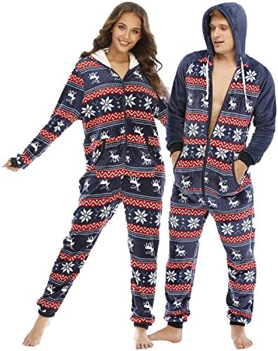 pyjama-kerst-865yaz-1.jpg QIYUANT Kerst Pyjama Paar Bijpassende met Capuchon Onesie Warme Flanel Fleece Rits Herfst Winter Lente Volwassen Jumpsuit Nachtkleding met Zakken (Heren Blauw M) : Amazon.nl: Kleding, schoenen & sieraden - Afbeelding 1