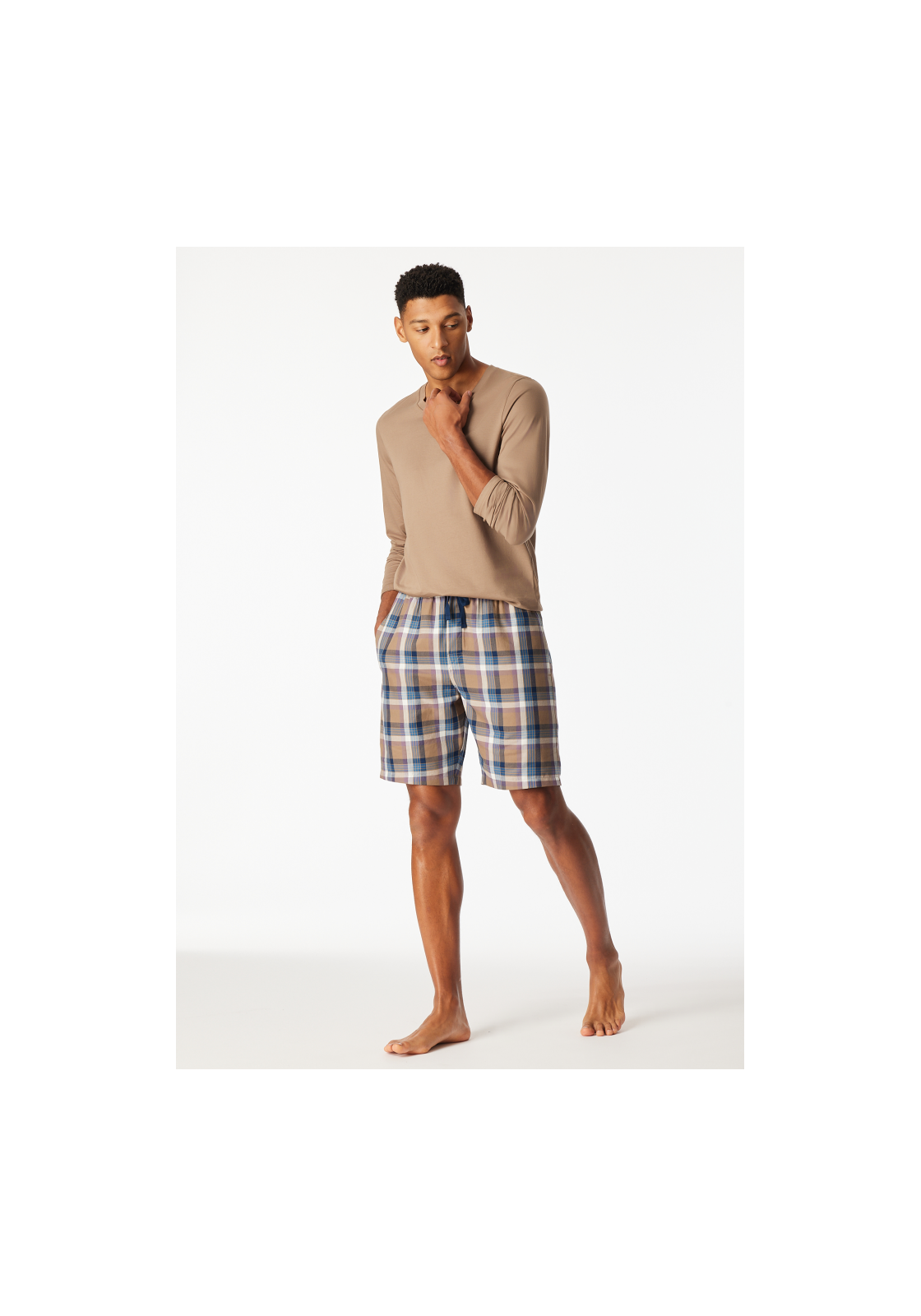 pyjama-korte-broek-heren-691nwr.png SCHIESSER Mix + Relax Short, heren korte pyjama of loungebroek, noga geruit - Afbeelding 1