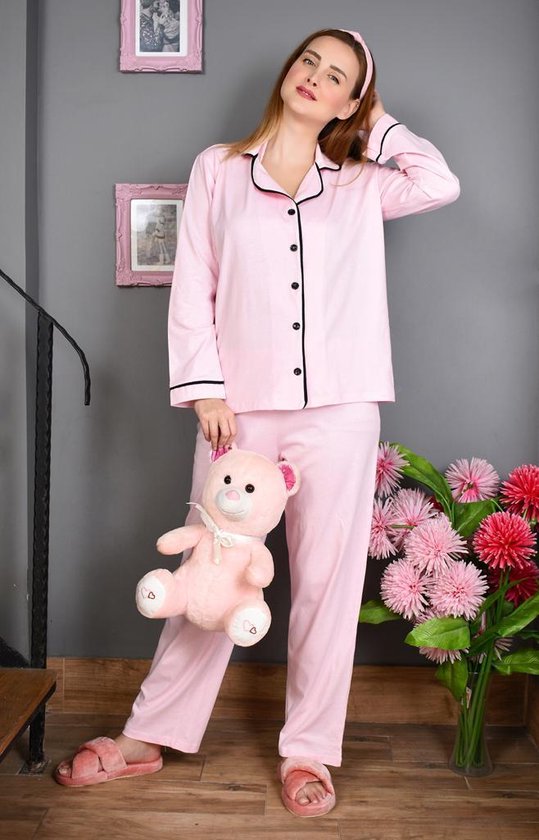 pyjama-lange-mouw-102akc-1.jpg Dames Pyjama | Katoen | Lange Mouw | Lange Pyjama Broek |2 delige set | Maat S| Roos | bol - Afbeelding 1