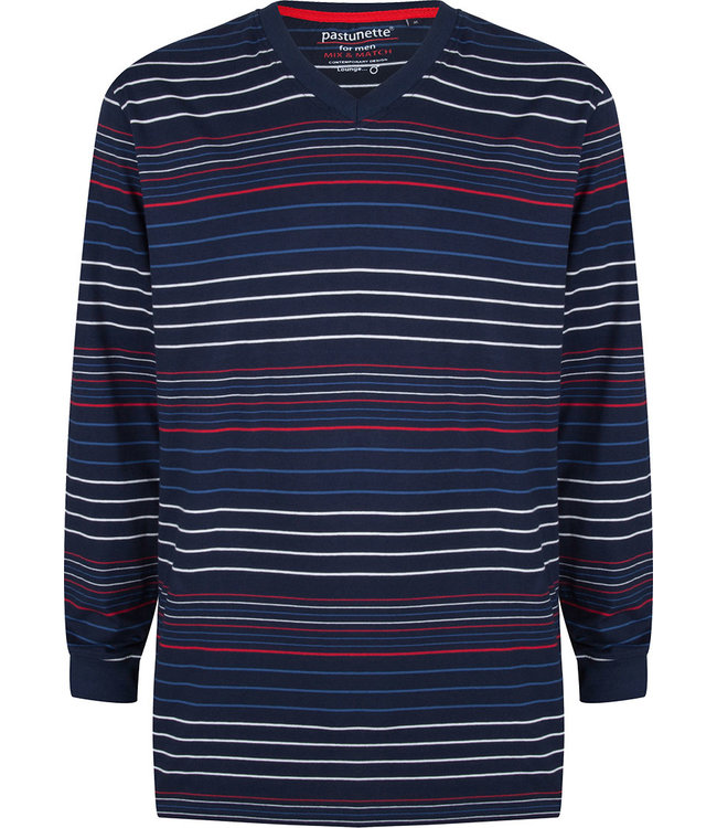 pyjama-shirt-heren-962jnb-1.jpg Pastunette for Men moderne, rood wit blauw gestreepte heren pyjama top met lange mouwen met boord - Afbeelding 1