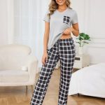 Crewhpo Damespyjama, 2 delig, T shirt met korte mouwen en geruite broek, Stijl A: grijs, S : Amazon.nl: Kleding, schoenen & sieraden