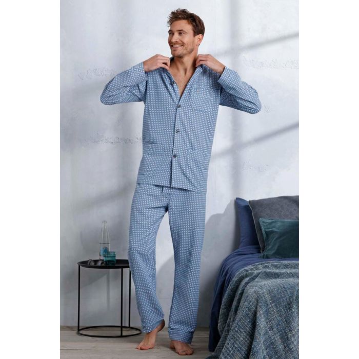 pyjamas-heren-325cca.jpg Flanellen doorknoop heren pyjama blauw | Gratis verzending en retour | Online de mooiste pyjama's, nachthemden, ondermode en meer - Afbeelding 1