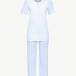Ringella Pyjama ronde hals Knoopsluiting en 7 8 broek Blue met wit blokje en rondje