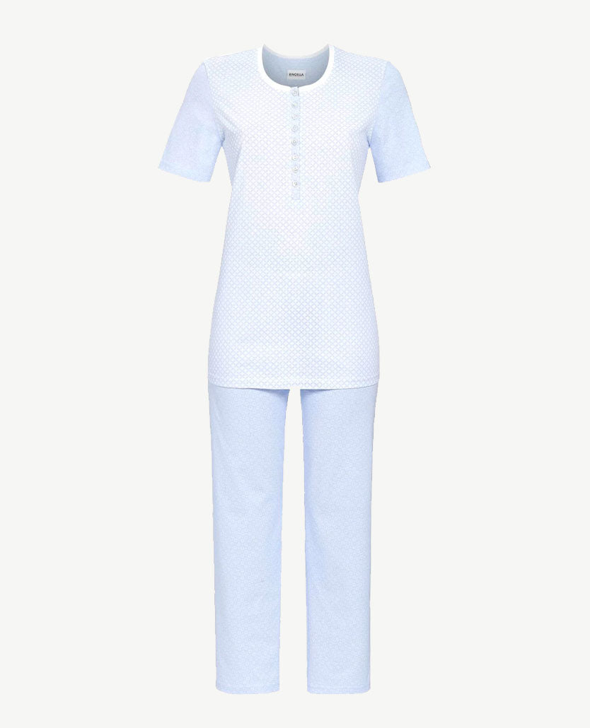 ringella-pyjama-dames-sale-673xdu-1.jpg Ringella Pyjama ronde hals Knoopsluiting en 7 8 broek Blue met wit blokje en rondje - Afbeelding 1