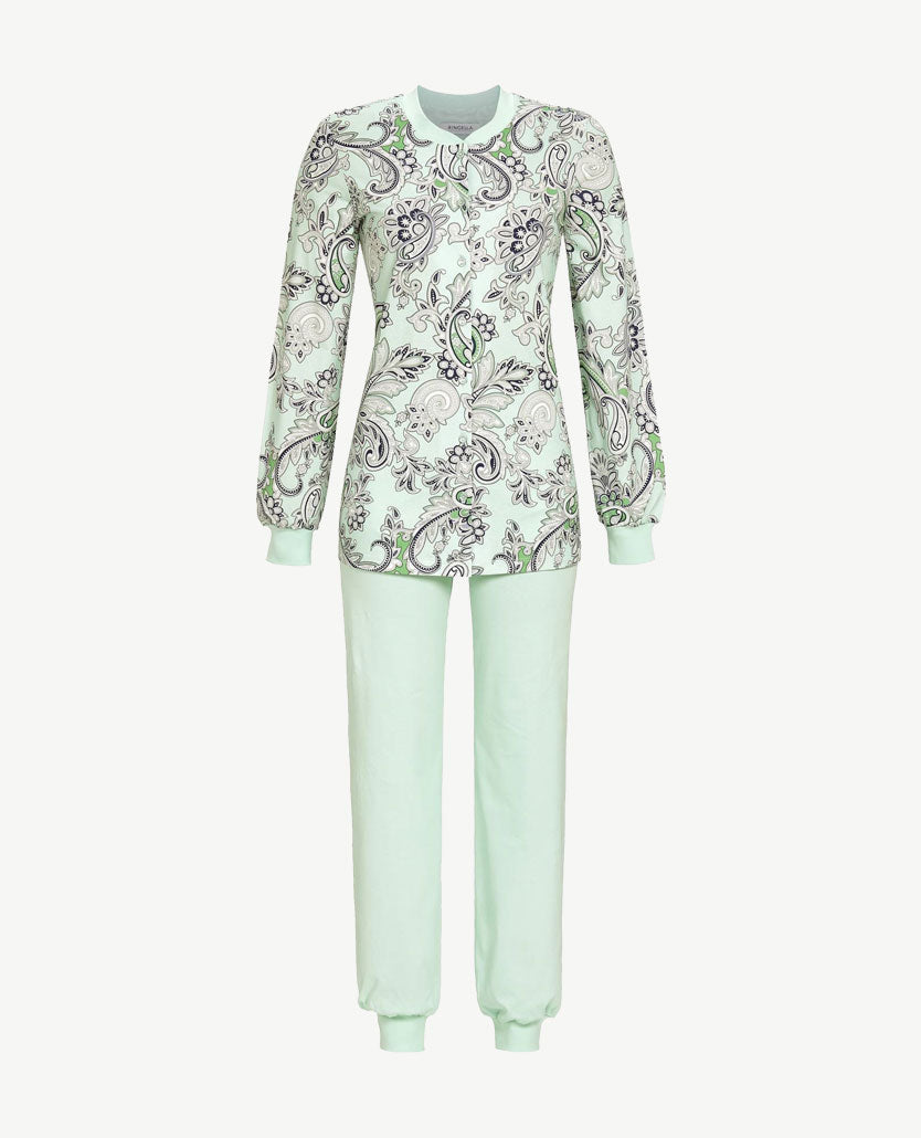 ringella-pyjama-dames-sale-921yle-1.jpg Ringella Klassieke pyjama doorknoop met boordje Paisley groen, wit en navy - Afbeelding 1