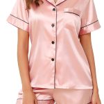 Vlazom Zijden pyjama voor dames, satijnen pyjama met korte mouwen, 2 delige pyjamasets, knoopsluiting, nachtkleding, loungewear, S XXL, M : Amazon.nl: ...