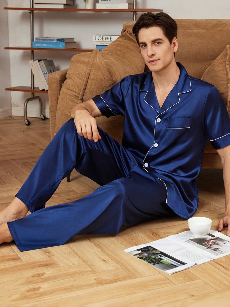 satijnen-heren-pyjama-829rve-1.jpg Provexi Provexi Heren contrasterende biezen satijnen top en broek PJ set / pyjamaset | SHEIN Nederland - Afbeelding 1