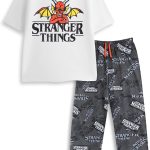 Stranger Things Mens White Logo Short Sleeve Long Leg Pyjama Set | Retro Nightwear for Sleeping & Lounging at Amazon Men's Clothing store