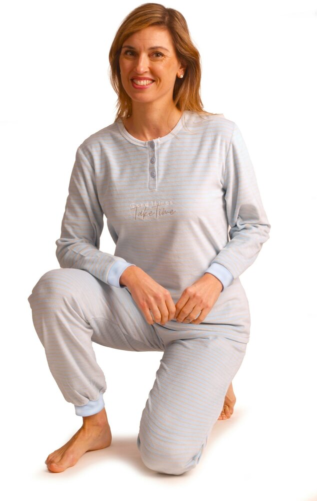 velours-pyjama-597tsm-1.jpg Dames velours pyjama gestreept Blue - Afbeelding 1