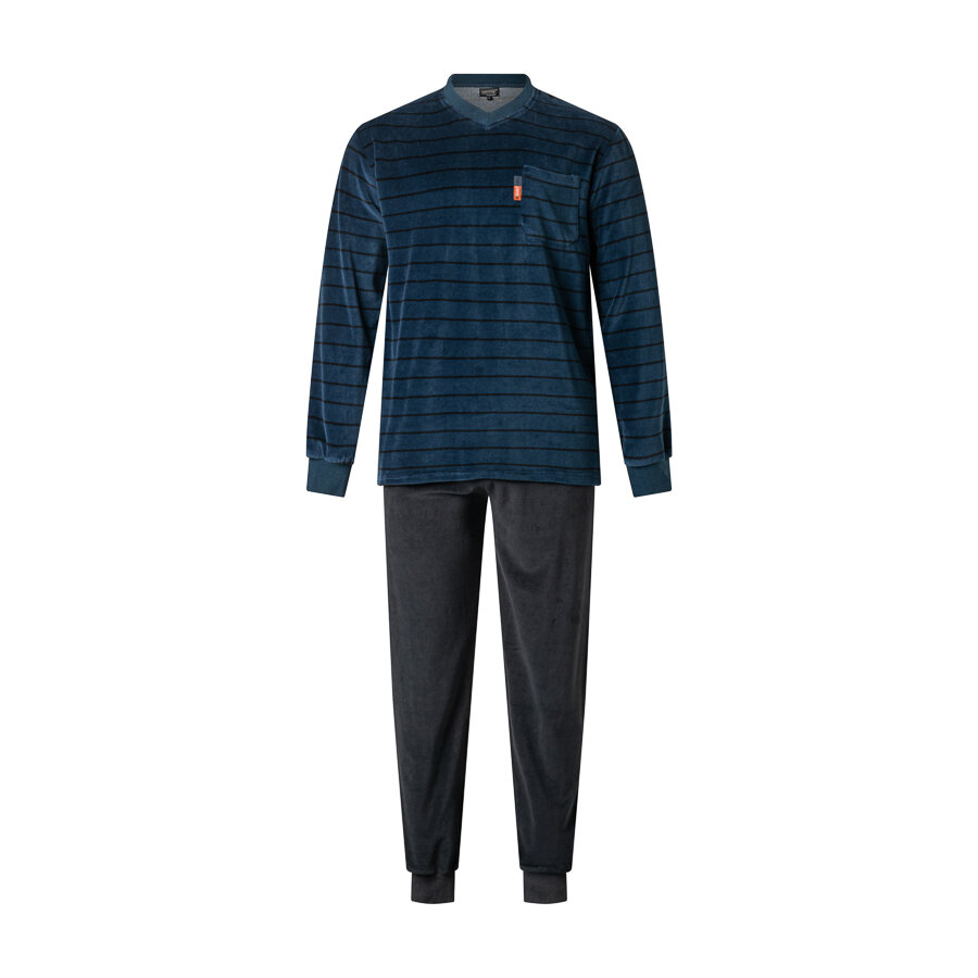 velours-pyjama-heren-002hhs-1.jpg Gentlemen Heren pyjama velours met V hals Marine - Afbeelding 1