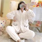 Flanel Fluwelen Pyjama Dames Herfst en Winter Koreaanse Kawaii Zoete Dikker Warme Zachte V hals Trui Lange Mouw Tweedelige Thuiskleding