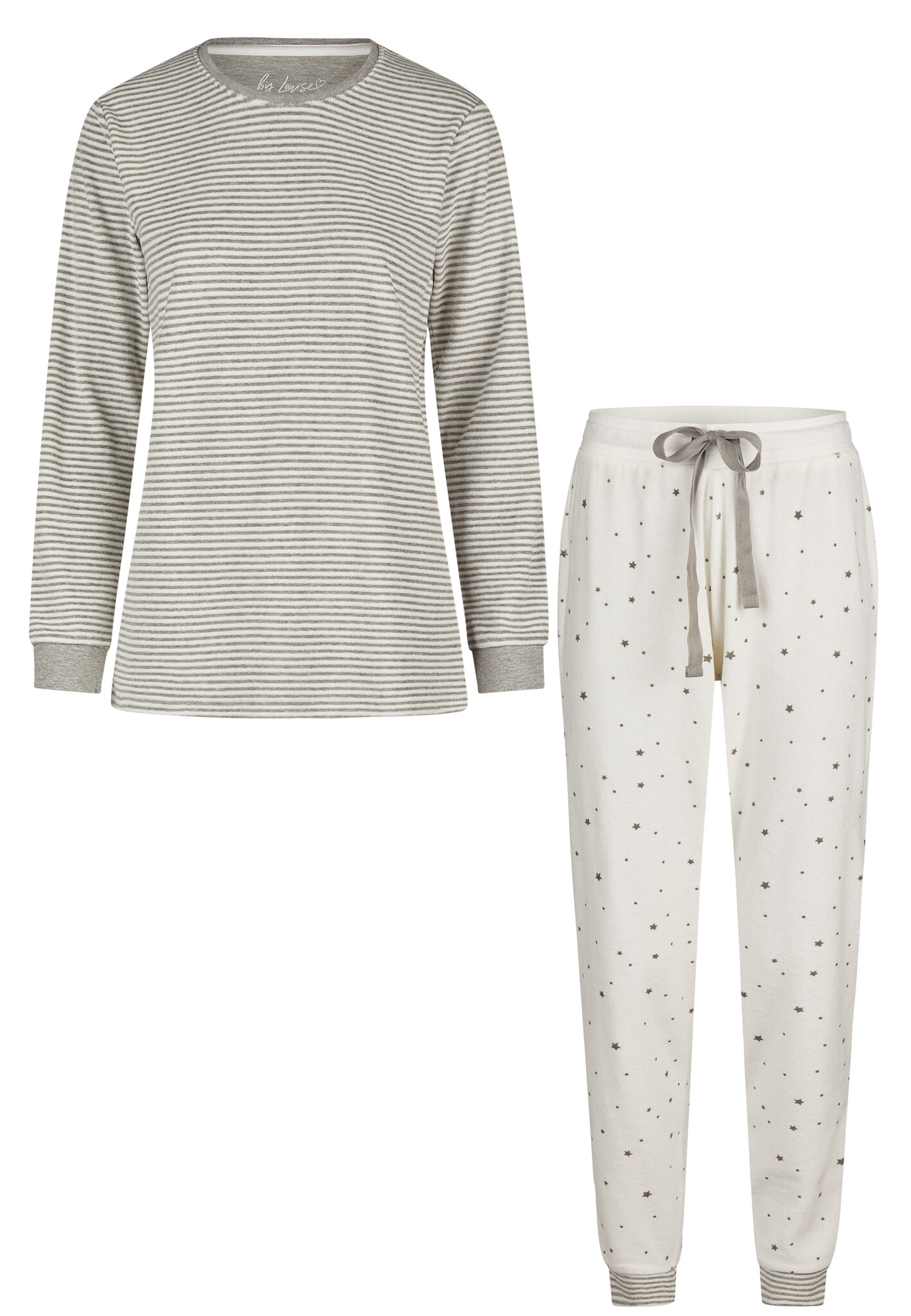 warme-winter-pyjama-dames-519zxe-1.jpg By Louise Dames Winter Pyjama Set Lang Badstof Gestreept Wit - Afbeelding 1