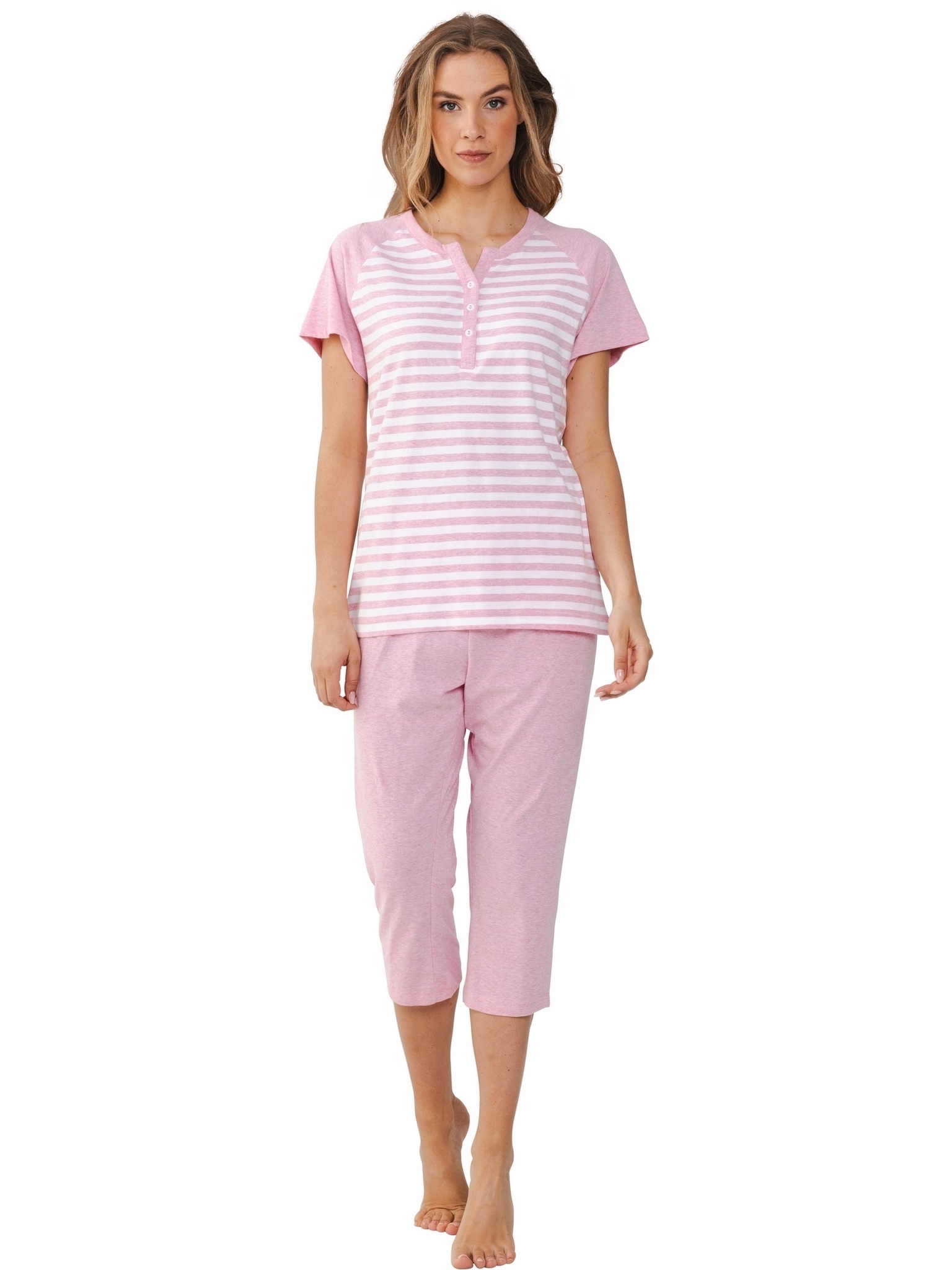 zomer-pyjama-299czc-1.jpg Pastunette dames zomer pyjama met capri broek gestreept roze - Afbeelding 1